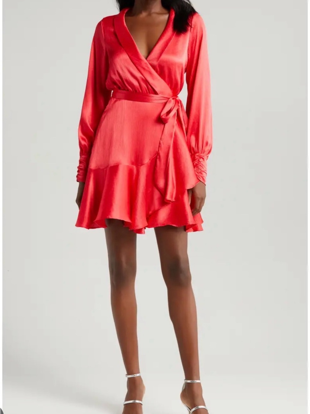 Long-Sleeve Coral Wrap Mini Dress with Tie Waist